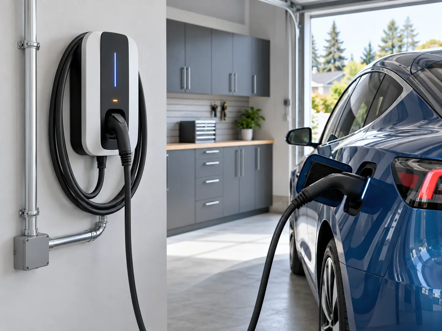 Borne de recharge résidentielle près d’un véhicule électrique